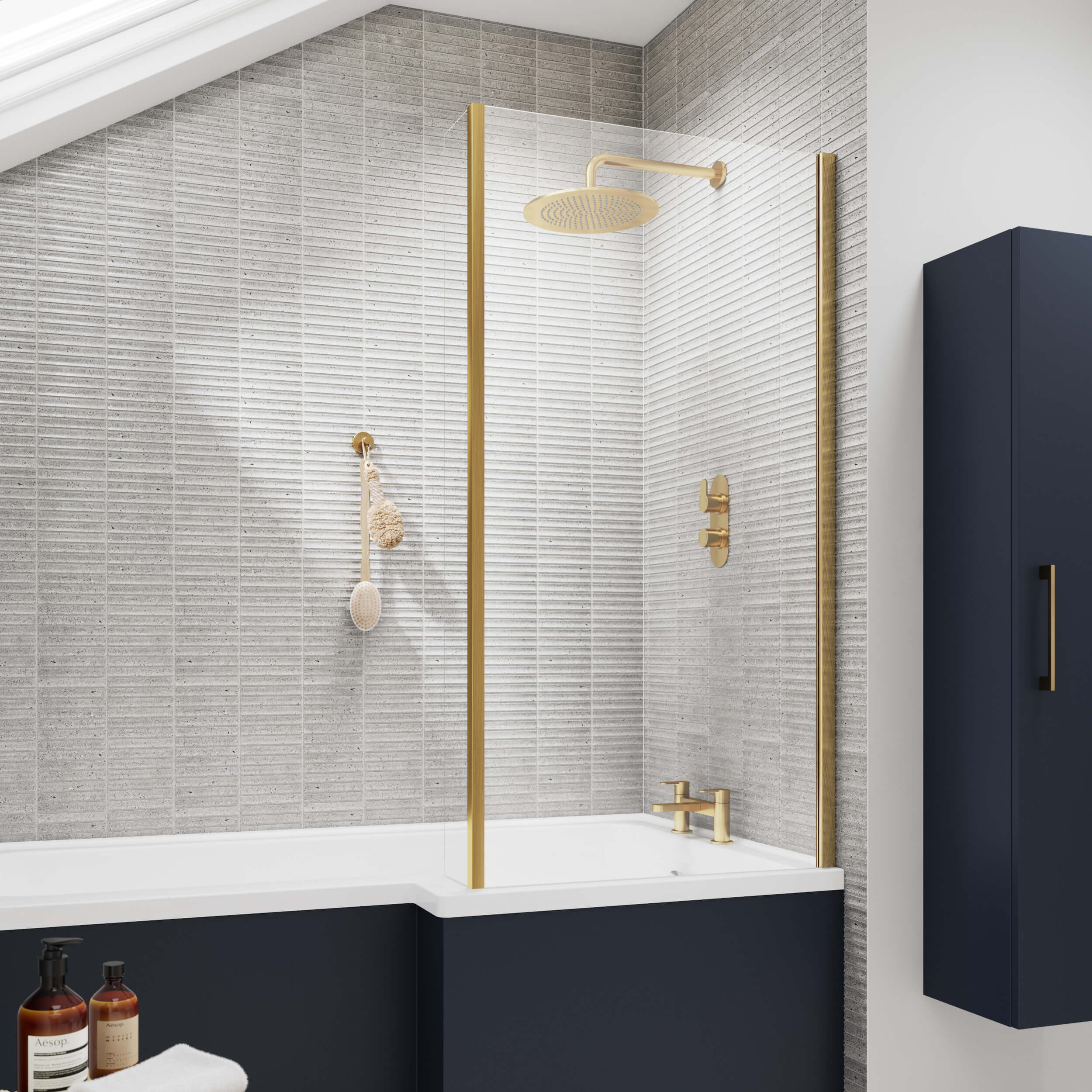 Cape Brushed Brass 6mm L Shape Shower Bath Screen With Fixed Return