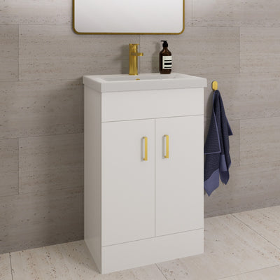 Lomond 500mm Gloss White Floorstanding Vanity Unit With Ceramic Basin - Brushed Brass Handles & Overflow Cover