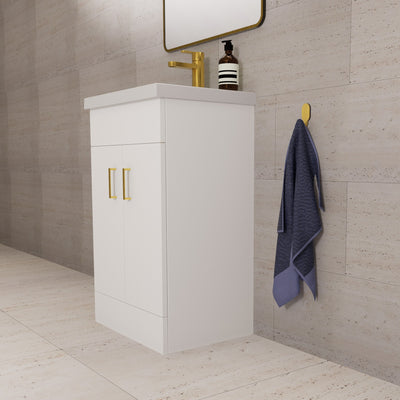 Lomond 500mm Gloss White Floorstanding Vanity Unit With Ceramic Basin - Brushed Brass Handles & Overflow Cover