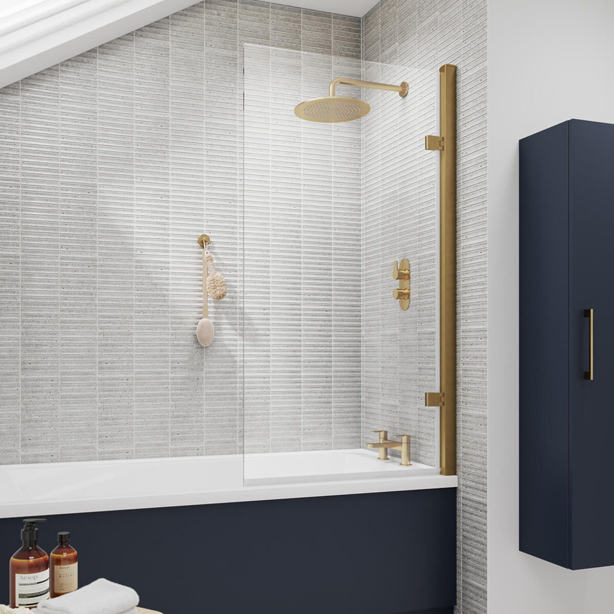 Porto Brushed Brass 8mm Square Hinged Bath Screen 815mm BathLab.co.uk