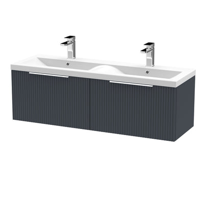 Hudson Reed Fluted Wall Hung 1200mm Vanity Unit With 2 Drawers & Twin Ceramic Basin - Satin Anthracite