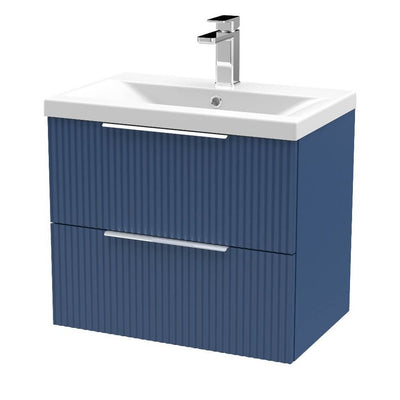 Hudson Reed Fluted Wall Hung 600mm Vanity Unit With 2 Drawers & Mid Edge Ceramic Basin - Satin Blue