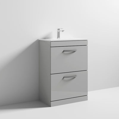 Lana 600mm Floor Standing 2 Drawer Vanity Unit & Minimalist Basin - Gloss Grey Mist