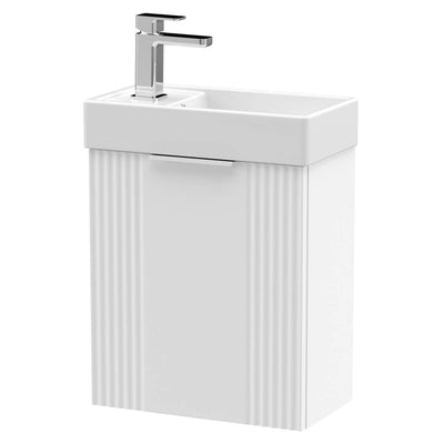 Nuie Deco Compact 400 x 222mm Wall Hung Vanity Unit With 1 Door & Ceramic Basin - White Satin