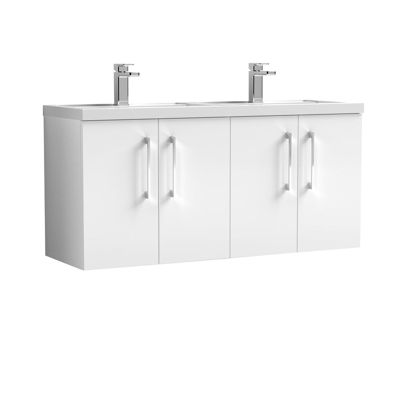 Nuie Arno 1200 x 383mm Wall Hung Vanity Unit With 4 Doors & Twin Polymarble Basin - White Gloss