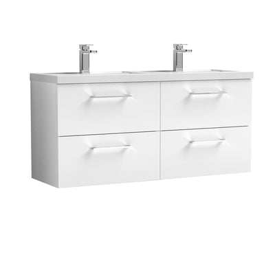 Nuie Arno 1200 x 383mm Wall Hung Vanity Unit With 4 Drawers & Twin Polymarble Basin - White Gloss