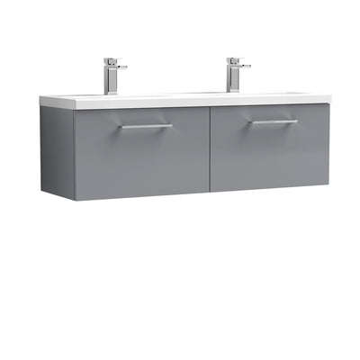Nuie Arno 1200 x 383mm Wall Hung Vanity Unit With 2 Drawers & Twin Ceramic Basin - Cloud Grey Gloss