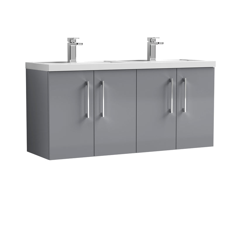 Nuie Arno 1200 x 383mm Wall Hung Vanity Unit With 4 Doors & Twin Polymarble Basin - Cloud Grey Gloss