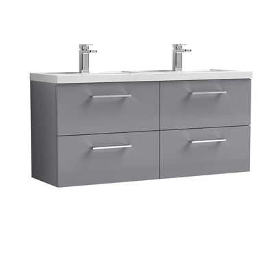 Nuie Arno 1200 x 383mm Wall Hung Vanity Unit With 4 Drawers & Twin Polymarble Basin - Cloud Grey Gloss