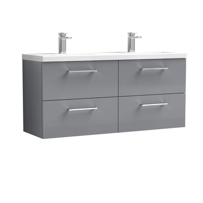 Nuie Arno 1200 x 383mm Wall Hung Vanity Unit With 4 Drawers & Twin Ceramic Basin - Cloud Grey Gloss