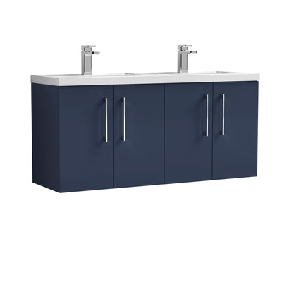 Nuie Arno 1200 x 383mm Wall Hung Vanity Unit With 4 Doors & Twin Polymarble Basin - Electric Blue Matt