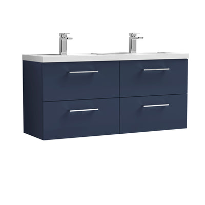Nuie Arno 1200 x 383mm Wall Hung Vanity Unit With 4 Drawers & Twin Polymarble Basin - Electric Blue Matt