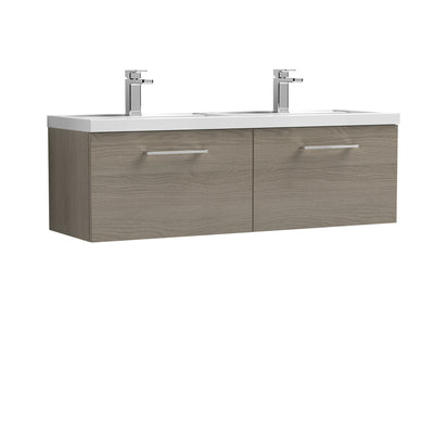 Nuie Arno 1200 x 383mm Wall Hung Vanity Unit With 2 Drawers & Twin Polymarble Basin - Solace Oak Woodgrain