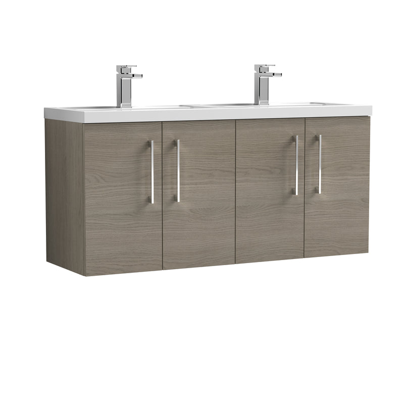 Nuie Arno 1200 x 383mm Wall Hung Vanity Unit With 4 Doors & Twin Polymarble Basin - Solace Oak Woodgrain