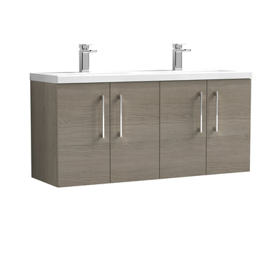 Nuie Arno 1200 x 383mm Wall Hung Vanity Unit With 4 Doors & Twin Ceramic Basin - Solace Oak Woodgrain