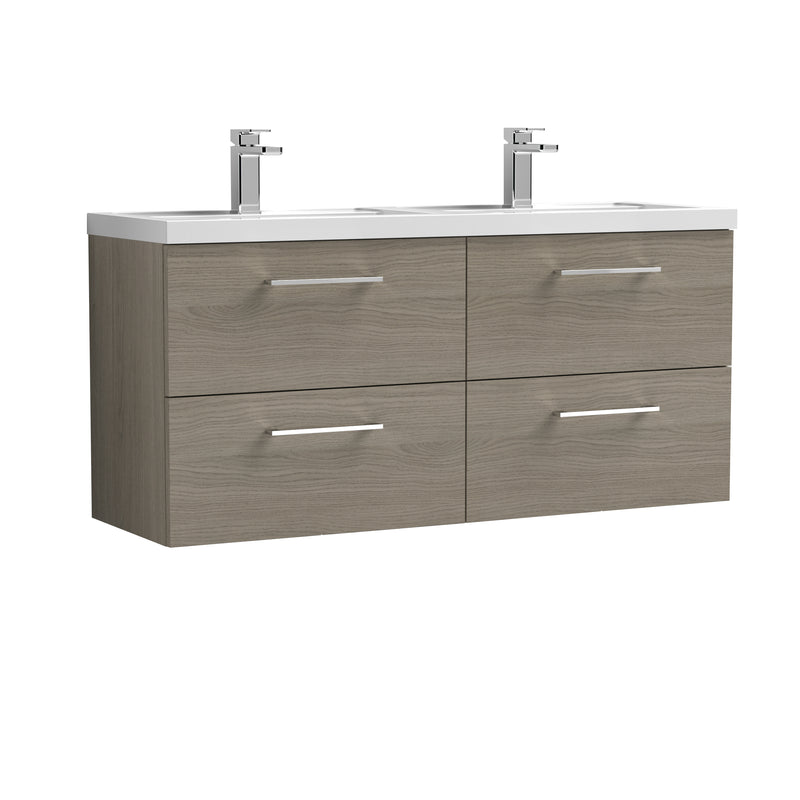 Nuie Arno 1200 x 383mm Wall Hung Vanity Unit With 4 Drawers & Twin Polymarble Basin - Solace Oak Woodgrain