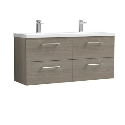 Nuie Arno 1200 x 383mm Wall Hung Vanity Unit With 4 Drawers & Twin Ceramic Basin - Solace Oak Woodgrain