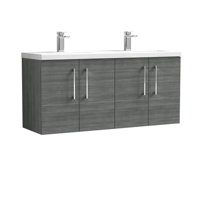 Nuie Arno 1200 x 383mm Wall Hung Vanity Unit With 4 Doors & Twin Ceramic Basin - Anthracite Woodgrain