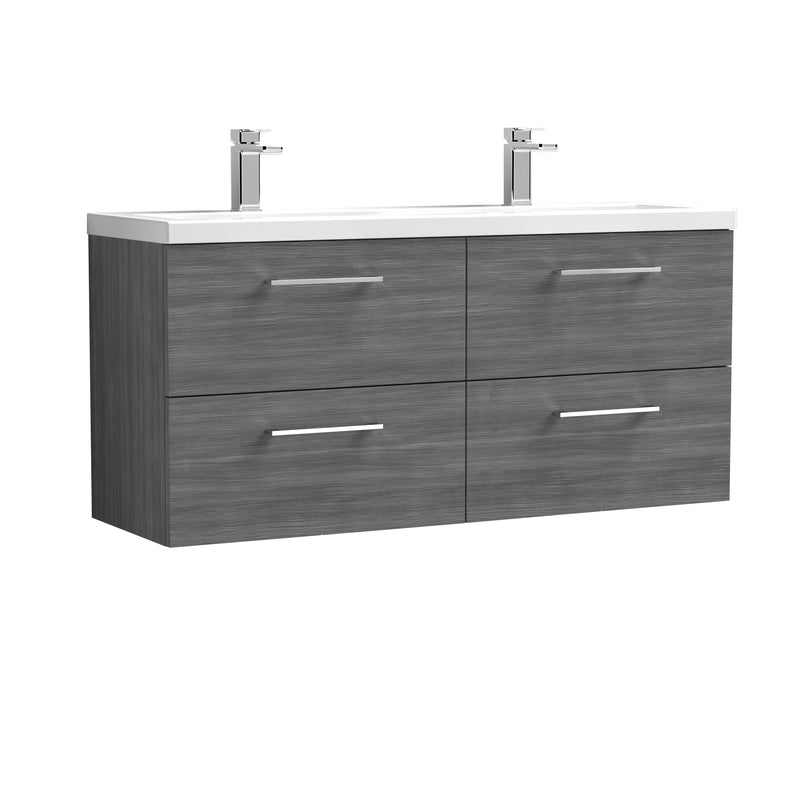 Nuie Arno 1200 x 383mm Wall Hung Vanity Unit With 4 Drawers & Twin Ceramic Basin - Anthracite Woodgrain