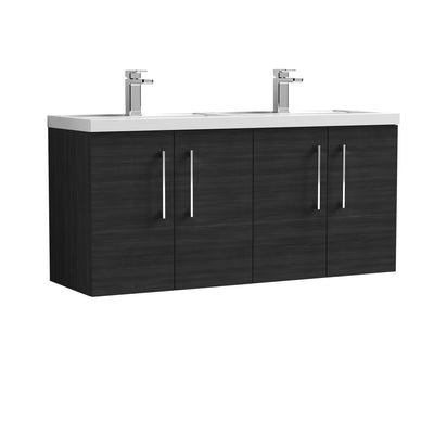 Nuie Arno 1200 x 383mm Wall Hung Vanity Unit With 4 Doors & Twin Ceramic Basin - Charcoal Black Woodgrain