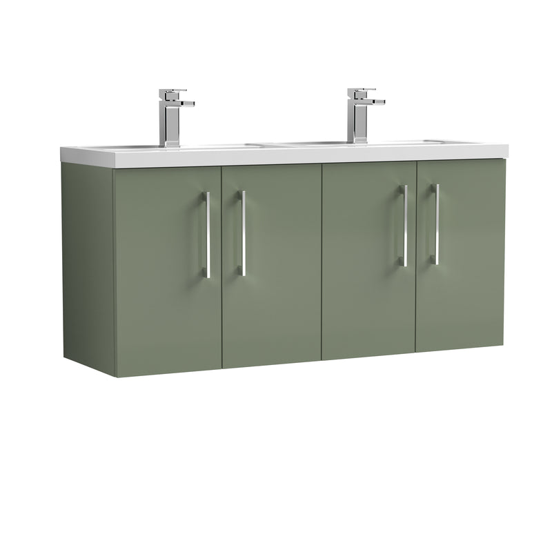 Nuie Arno 1200 x 383mm Wall Hung Vanity Unit With 4 Doors & Twin Polymarble Basin - Green Satin