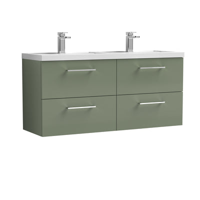 Nuie Arno 1200 x 383mm Wall Hung Vanity Unit With 4 Drawers & Twin Polymarble Basin - Green Satin