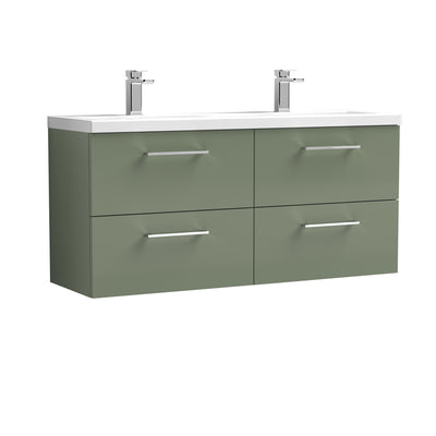 Nuie Arno 1200 x 383mm Wall Hung Vanity Unit With 4 Drawers & Twin Ceramic Basin - Green Satin