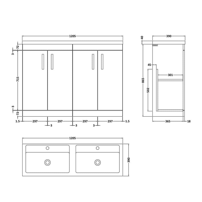 Cape 1200mm Floor Standing 4 Door Vanity Unit & Double Basin - Grey Avola