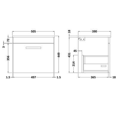 Cape 500mm Wall Hung Single Drawer Vanity Unit & Worktop - Gloss Grey