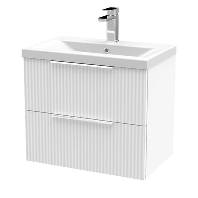 Hudson Reed Fluted Wall Hung 600mm Vanity Unit With 2 Drawers & Mid Edge Ceramic Basin - Satin White