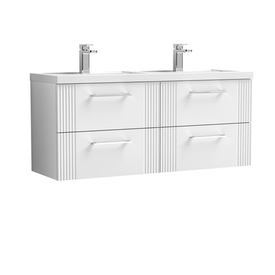 Nuie Deco 1200 x 383mm Wall Hung Vanity Unit With 4 Drawers & Twin Polymarble Basin - White Satin
