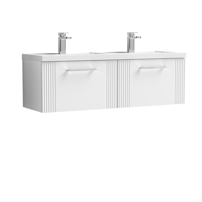 Nuie Deco 1200 x 383mm Wall Hung Vanity Unit With 2 Drawers & Twin Polymarble Basin - White Satin