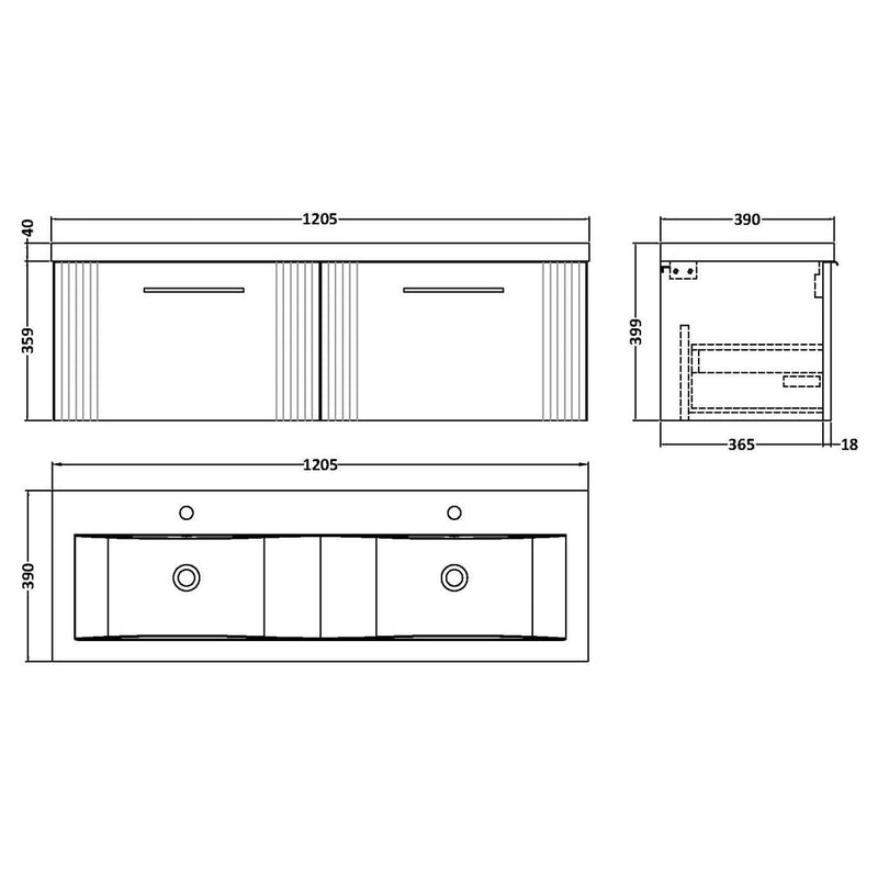 Nuie Deco 1200 x 383mm Wall Hung Vanity Unit With 2 Drawers & Twin Basin