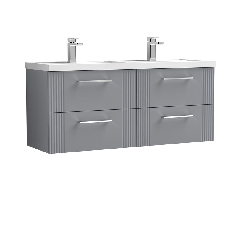 Nuie Deco 1200 x 383mm Wall Hung Vanity Unit With 4 Drawers & Twin Polymarble Basin - Grey Satin