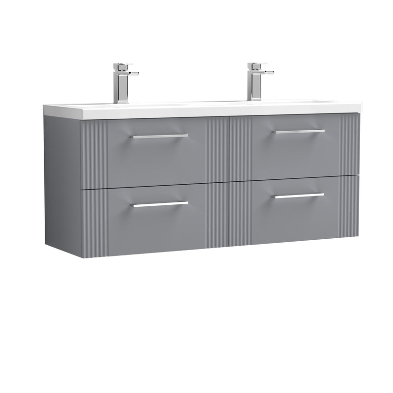 Nuie Deco 1200 x 383mm Wall Hung Vanity Unit With 4 Drawers & Twin Ceramic Basin - Grey Satin