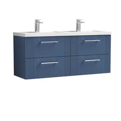 Nuie Deco 1200 x 383mm Wall Hung Vanity Unit With 4 Drawers & Twin Polymarble Basin - Blue Satin