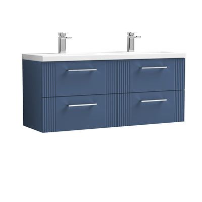Nuie Deco 1200 x 383mm Wall Hung Vanity Unit With 4 Drawers & Twin Ceramic Basin - Blue Satin