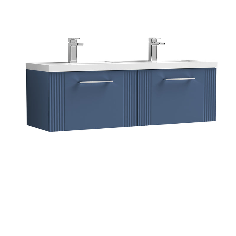 Nuie Deco 1200 x 383mm Wall Hung Vanity Unit With 2 Drawers & Twin Polymarble Basin - Blue Satin