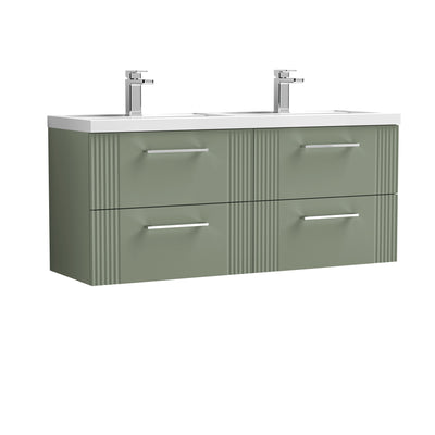 Nuie Deco 1200 x 383mm Wall Hung Vanity Unit With 4 Drawers & Twin Polymarble Basin - Green Satin