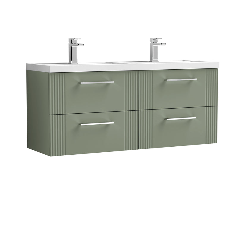 Nuie Deco 1200 x 383mm Wall Hung Vanity Unit With 4 Drawers & Twin Polymarble Basin - Green Satin