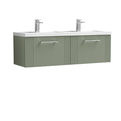 Nuie Deco 1200 x 383mm Wall Hung Vanity Unit With 2 Drawers & Twin Polymarble Basin - Green Satin