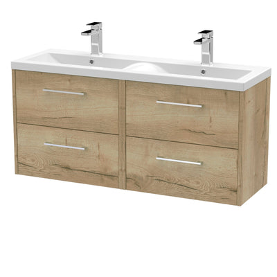 Hudson Reed Juno Wall Hung 1200mm Vanity Unit With 4 Drawers & Twin Ceramic Basin - Autumn Oak