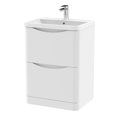 Nuie Lunar 600 x 445mm Floor Standing Vanity Unit With 2 Drawers & Polymarble Basin - White Satin
