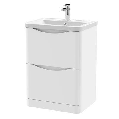 Nuie Lunar 600 x 445mm Floor Standing Vanity Unit With 2 Drawers & Ceramic Basin - White Satin