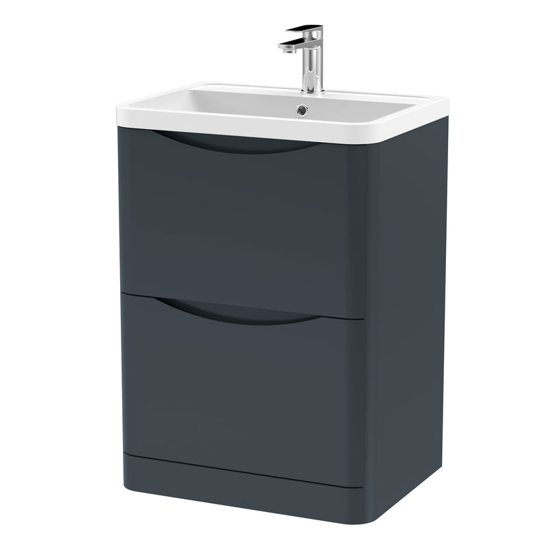 Nuie Lunar 600 x 445mm Floor Standing Vanity Unit With 2 Drawers & Polymarble Basin - Anthracite Satin