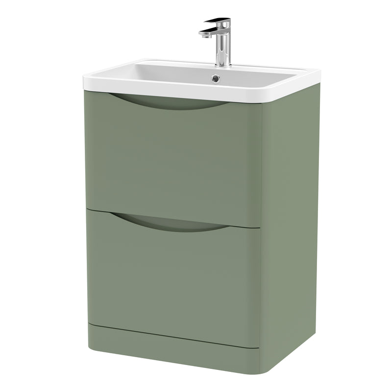 Nuie Lunar 600 x 445mm Floor Standing Vanity Unit With 2 Drawers & Polymarble Basin - Green Satin