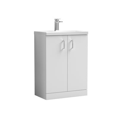 Nuie Arno Compact 600 x 353mm Floor Standing Vanity Unit With 2 Doors & Ceramic Basin - White Gloss