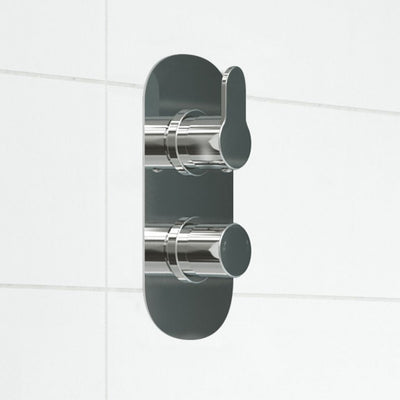 Shop concealed shower valves at BathLab.co.uk - image showers a chrome, rounded concealed shower valve on a white tiled wall