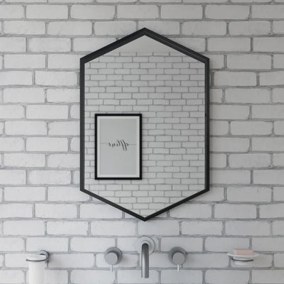 Hexagonal and octagonal bathroom mirrors, showing a black framed mirror