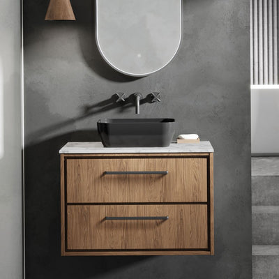 Shop Hudson Reed bathrooms at BathLab.co.uk - images shows the Lille wall hung vanity unit in antique oak and with a grey marble worktop, on a dark grey wall